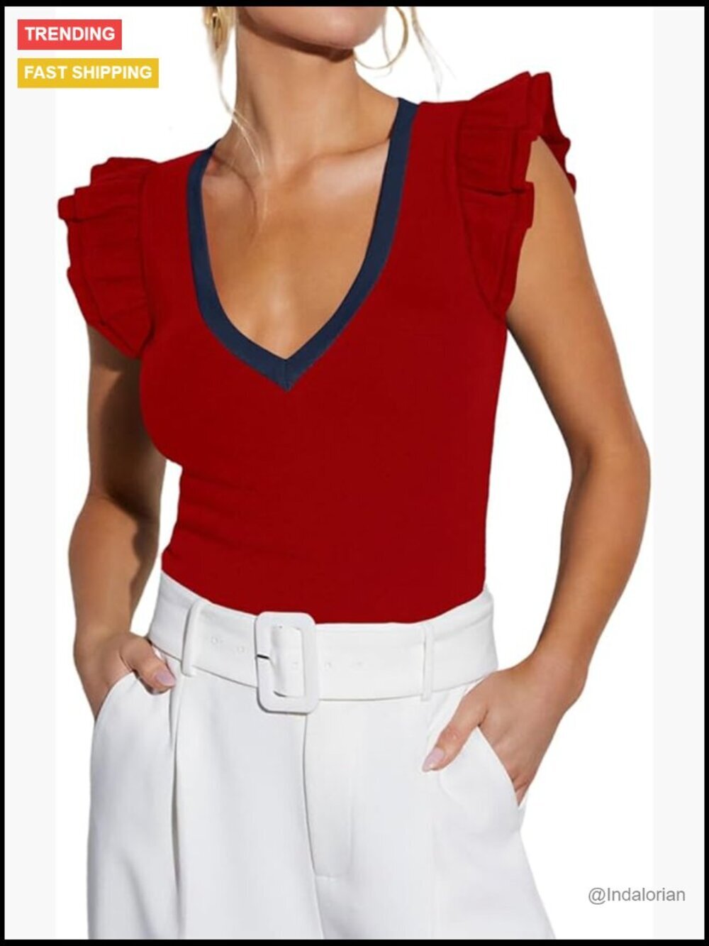 Rayon Ribbed Knit V-Neck Ruffle Sleeve Tank Top Slim Fit